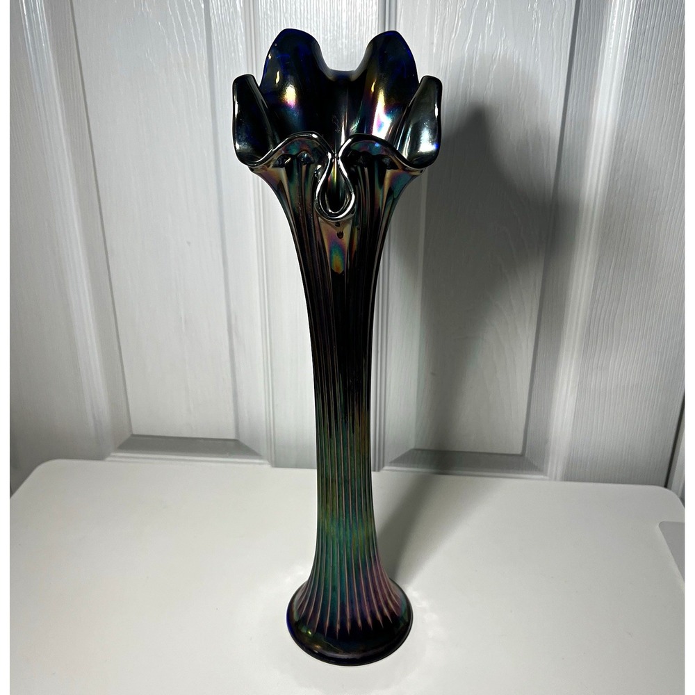 Antique Fenton Fine Rib Cobalt Blue Carnival Glass Swung Vase 16"